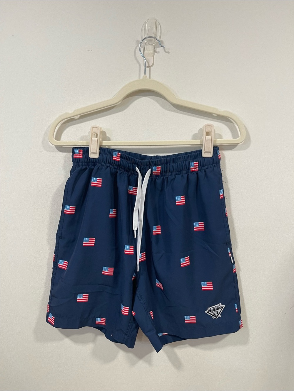 Lacrosse Unlimited Men's Navy American Flag Swim Trunks with Drawstring